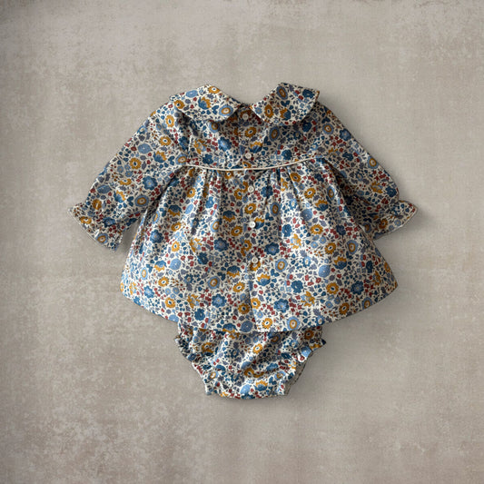 Conjunto 2 Piezas: Vestido Floral y Cubrepañal - 100% Algodón